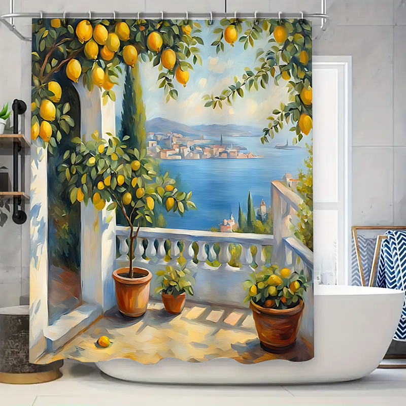 Home Decor Garden Ideas - Mediterraner Zitronengarten Duschvorhang, Küstenvilla-Design, Wasserdichter Badvorhang