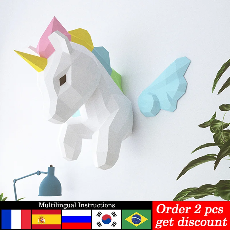 Home Decor Center - Regenbogen-Einhorn-Tier-Wanddekoration, Heimkunst, hängende Dekoration, Papiermodell, niedriges